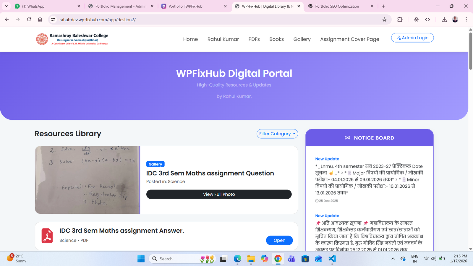 WPFixHub Digital Portal – Digital Library &amp; Notice Board System (PHP Development)
